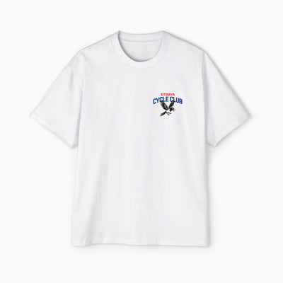 White t-shirt with 'Cycle Club' logo featuring an eagle on a white background