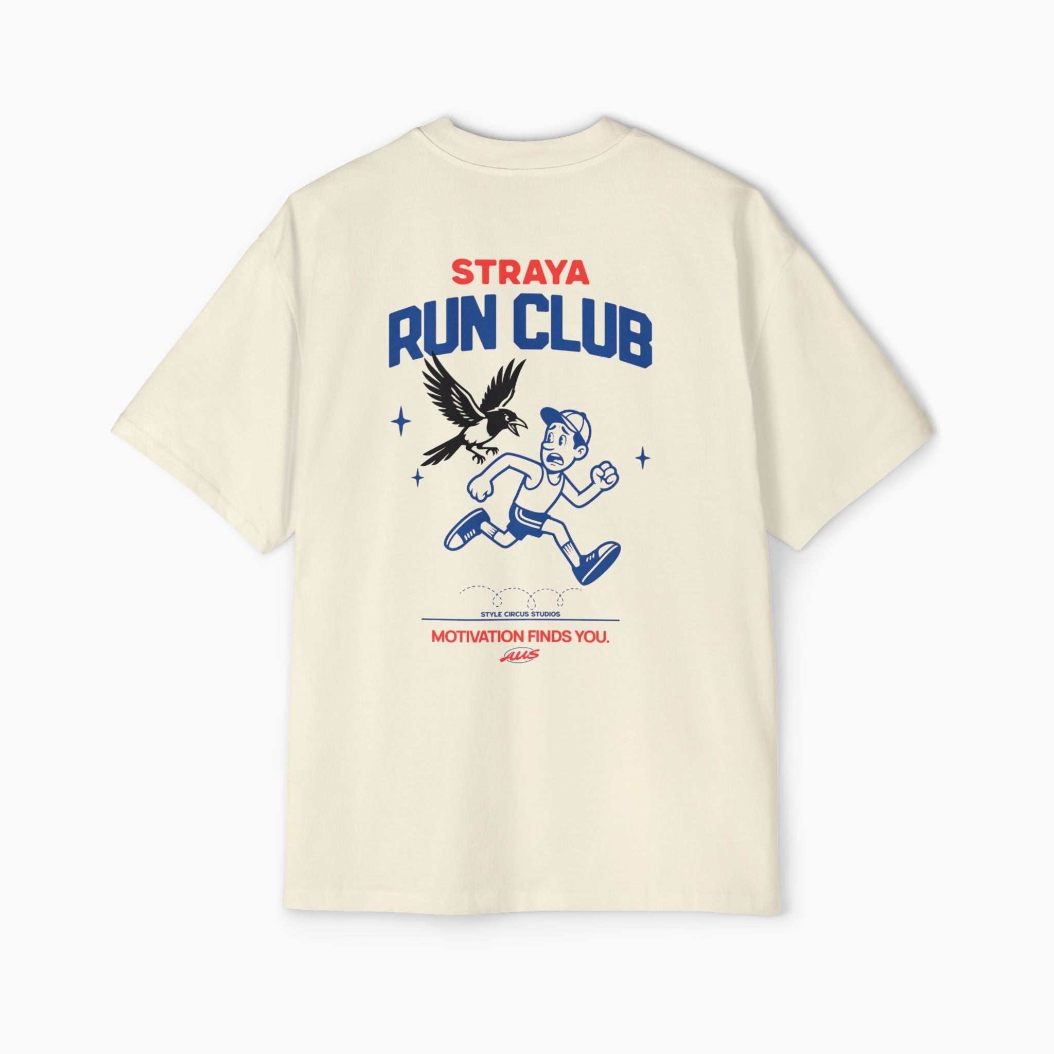 Beige t-shirt with 'Straya Run Club' design on a white background