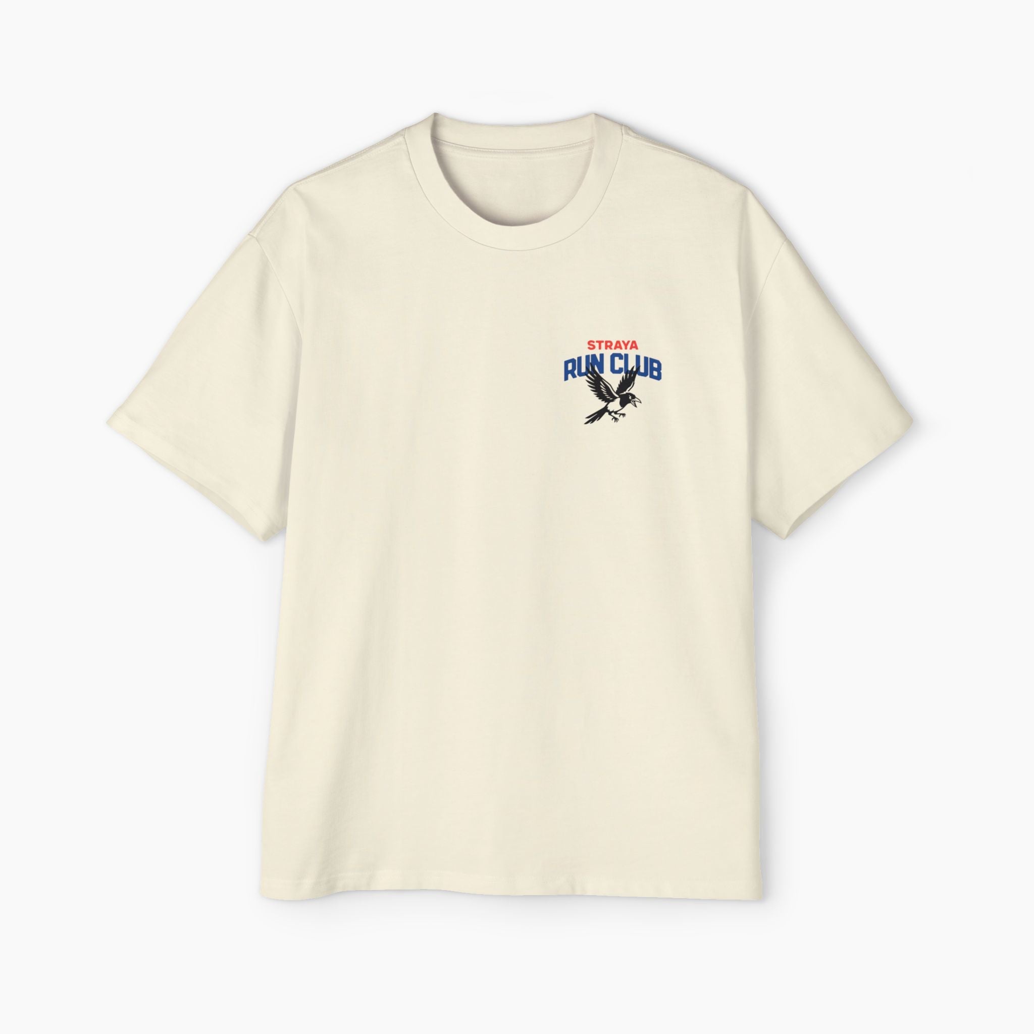 Beige t-shirt with a logo on the chest against a white background