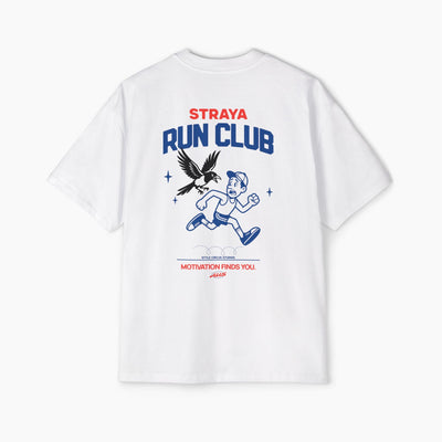 White t-shirt with 'Straya Run Club' design on a white background