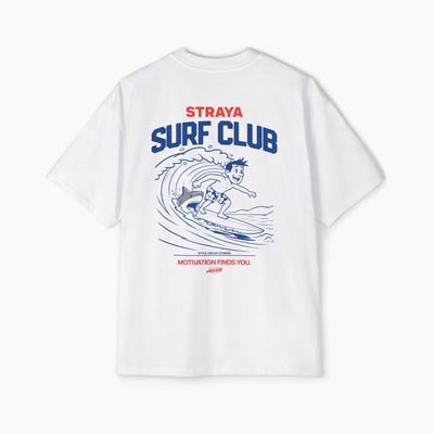 White t-shirt with 'Straya Surf Club' graphic on the back against a white background