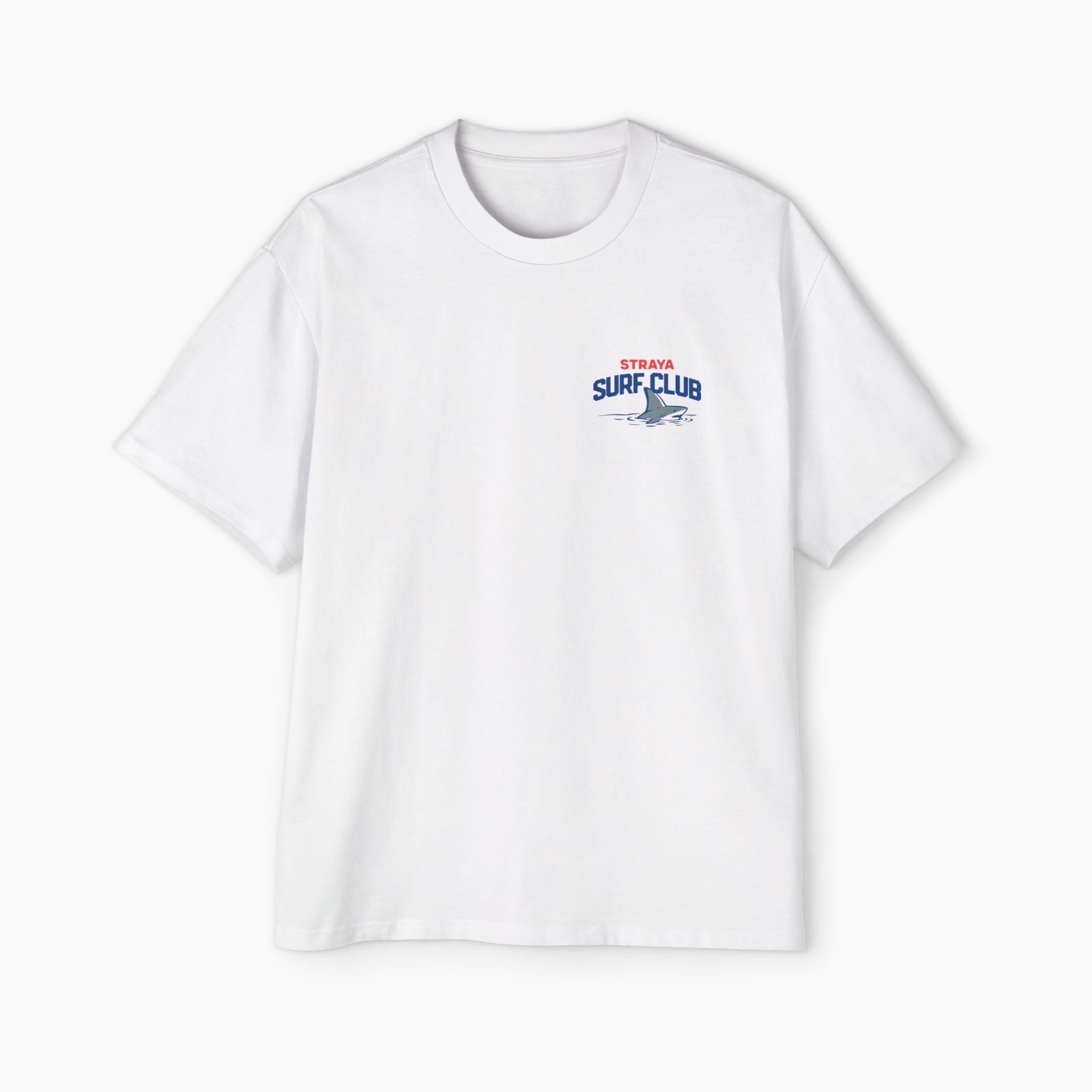 White t-shirt with a shark graphic and 'Surf Club' text on a white background
