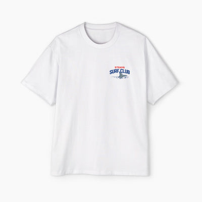 White t-shirt with a shark graphic and 'Surf Club' text on a white background