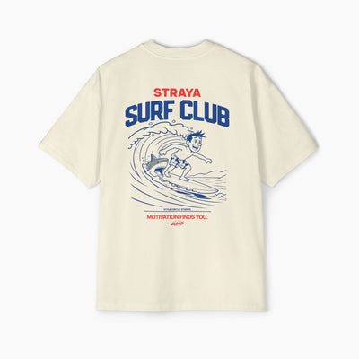 Beige t-shirt with 'Straya Surf Club' graphic on a white background