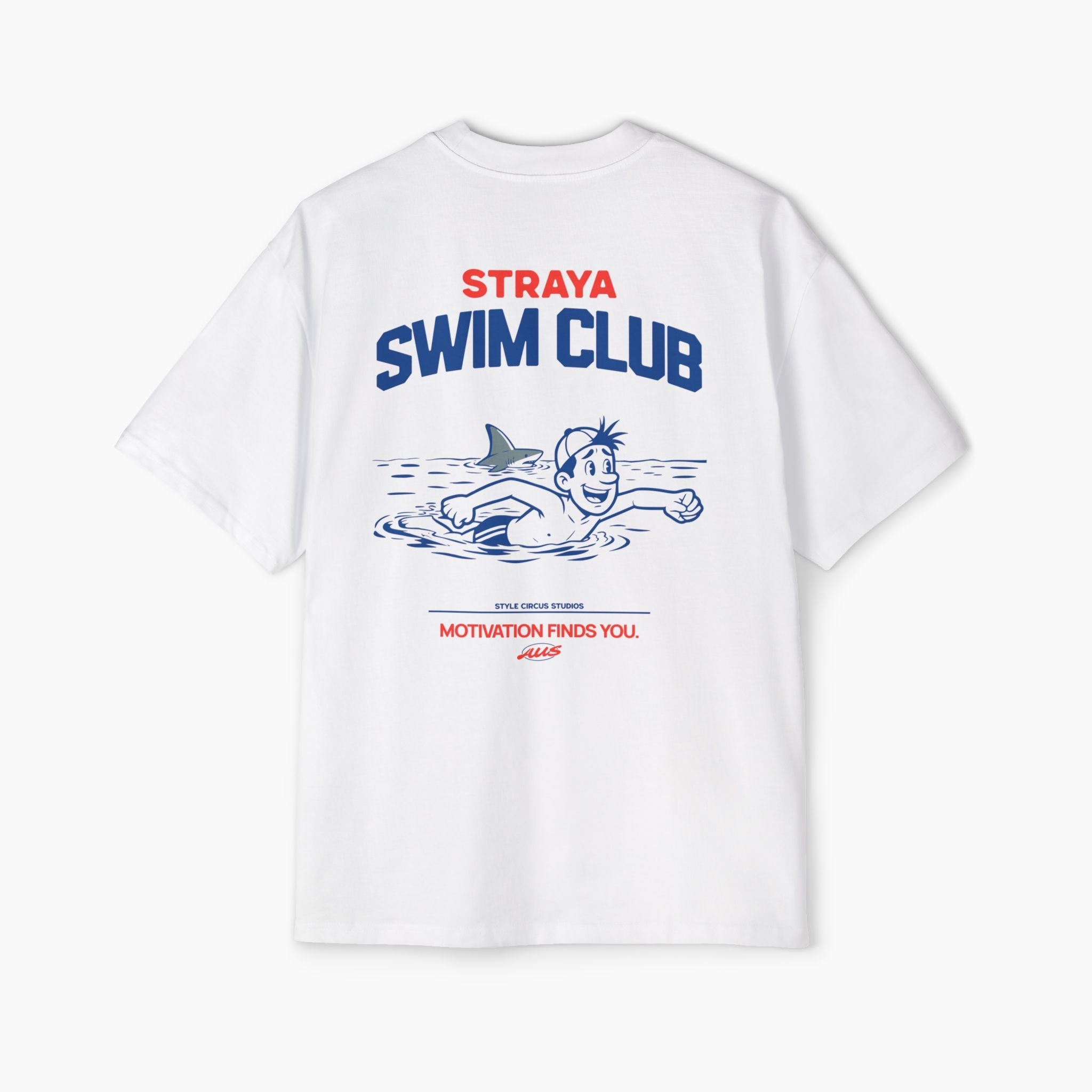 White t-shirt with 'Straya Swim Club' design on a white background