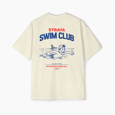 Beige t-shirt with 'Straya Swim Club' design on a white background