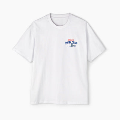 White t-shirt with 'Swim Club' graphic on a white background