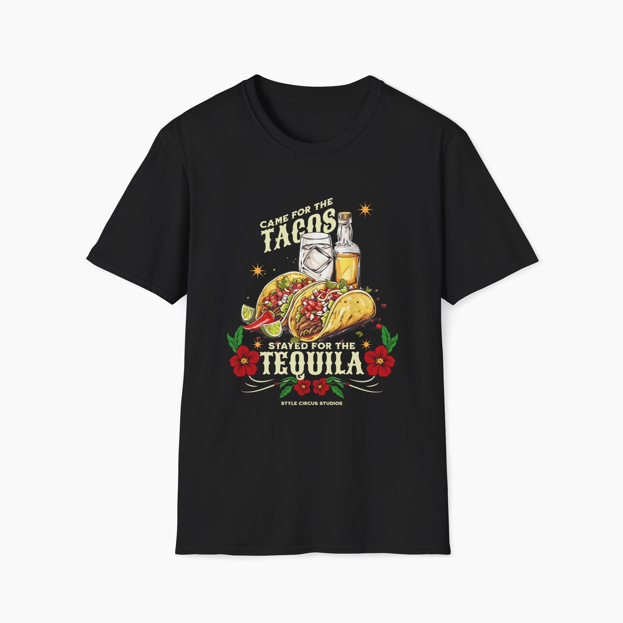 Black t-shirt with a colorful graphic of tacos and tequila on a white background