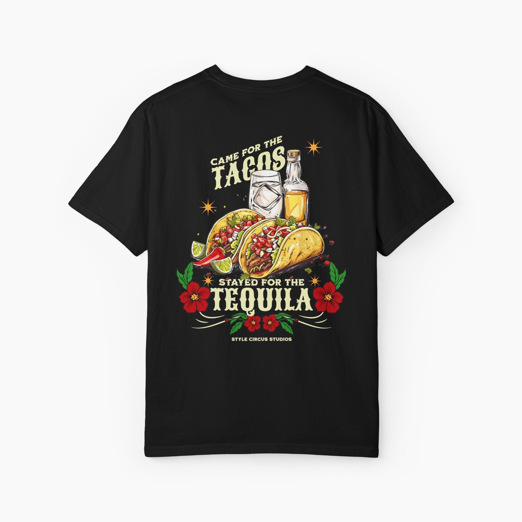 Black t-shirt with a colorful graphic of tacos and tequila on a white background