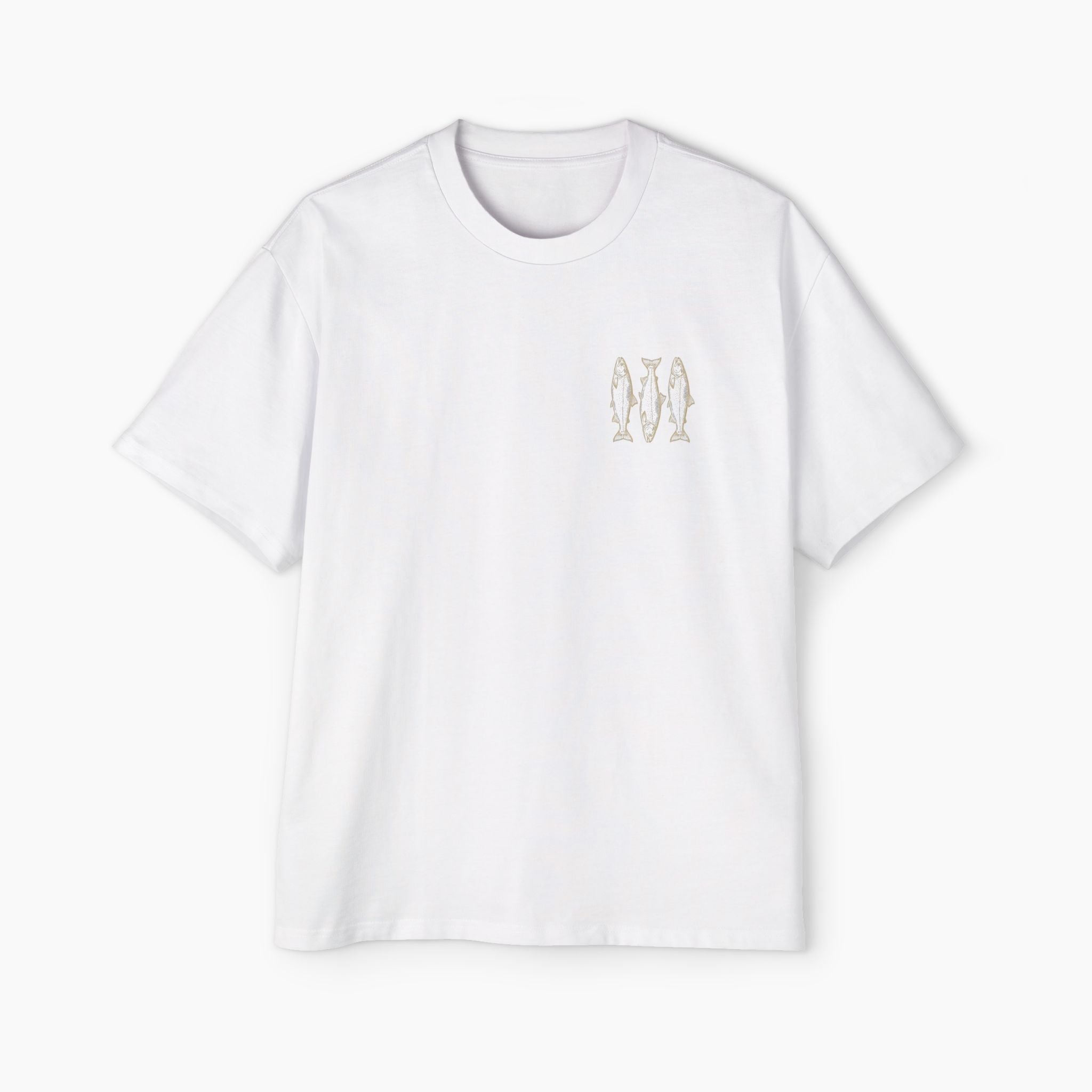 White t-shirt with a small logo on a white background