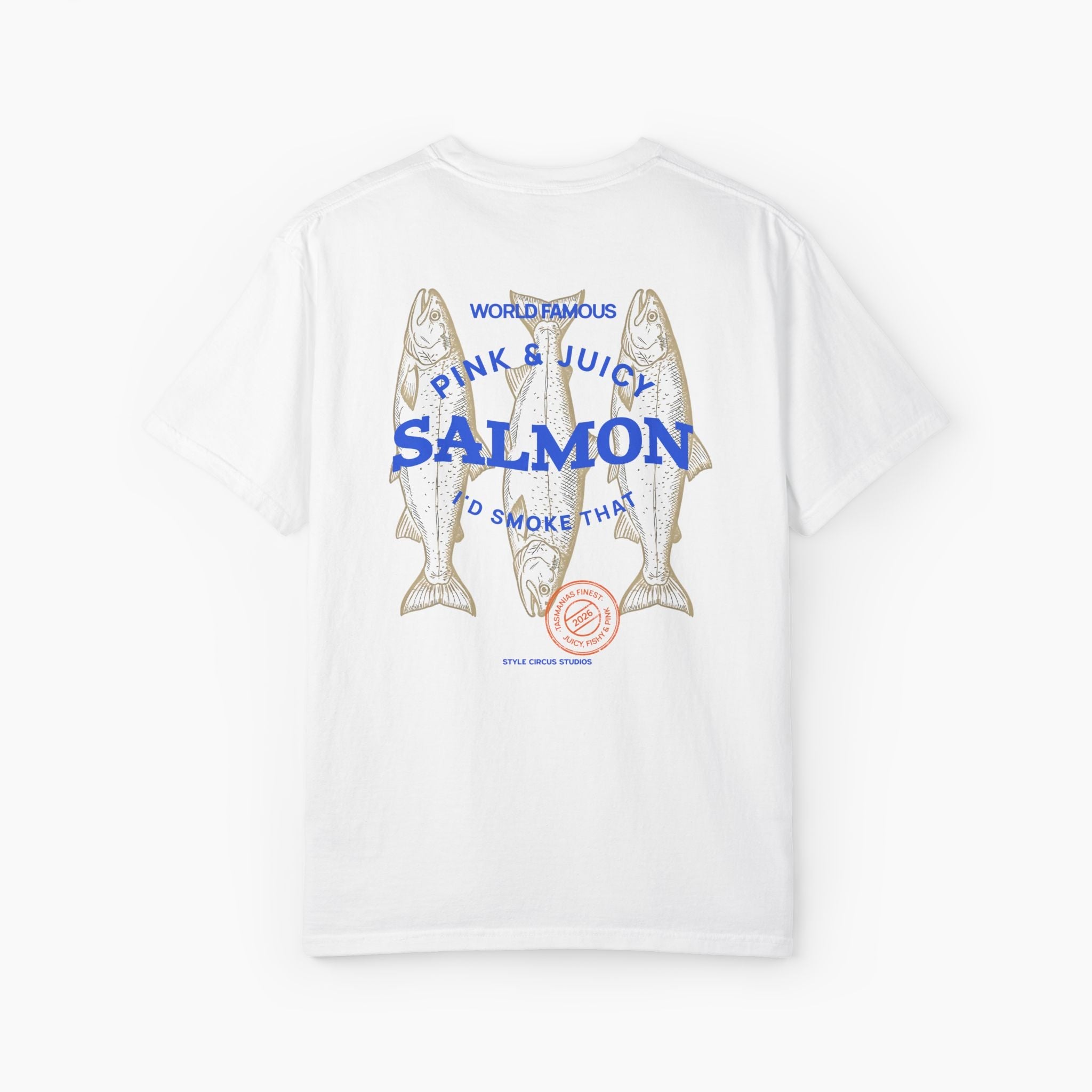 White t-shirt with graphic design of salmon and text on a white background