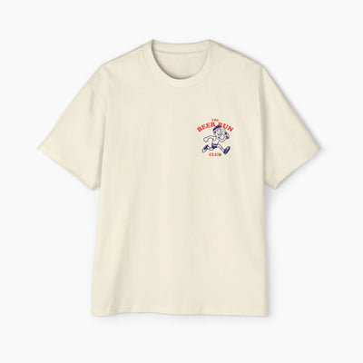 Beige t-shirt with a graphic design on a white background