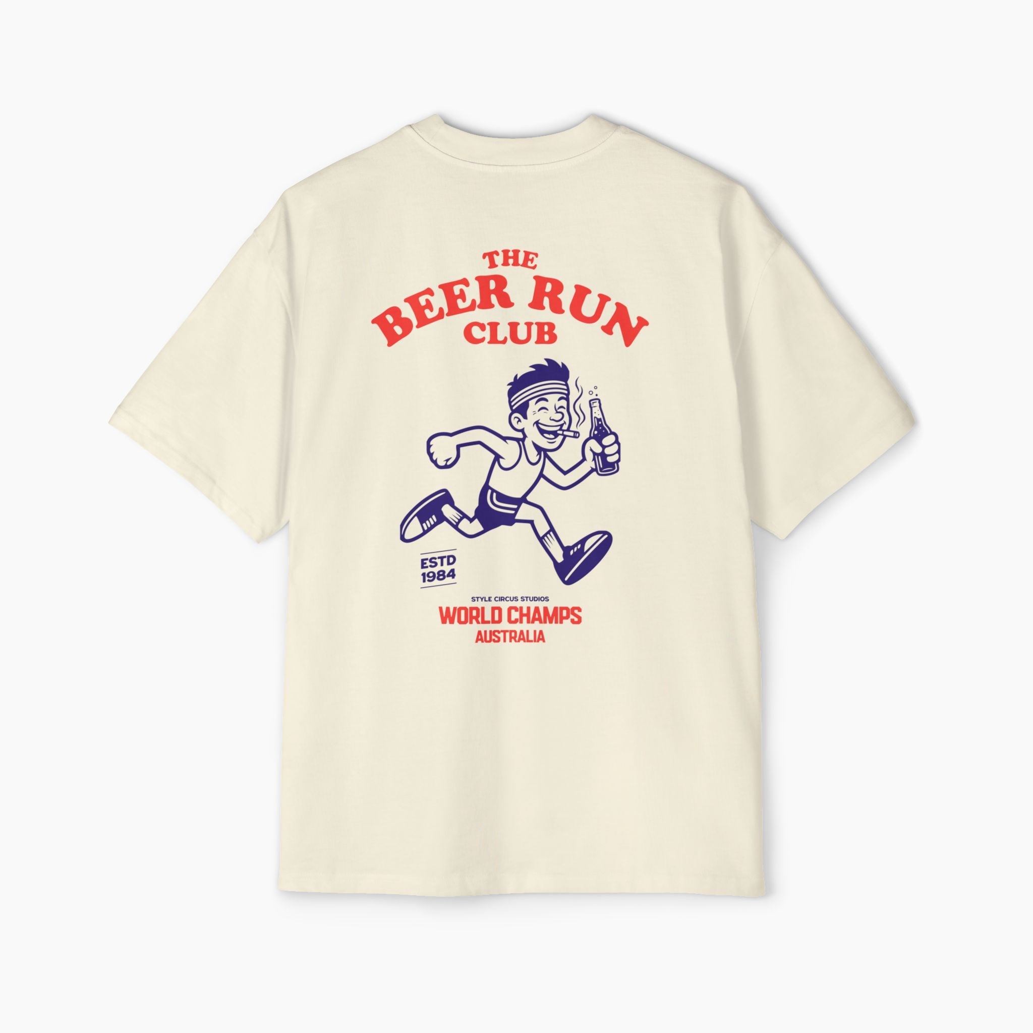 Beige t-shirt with 'The Beer Run Club' graphic on a white background