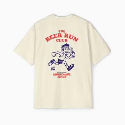 Beige t-shirt with 'The Beer Run Club' graphic on a white background