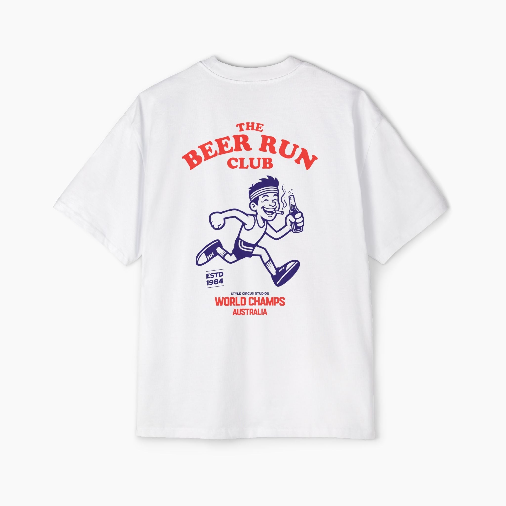 White t-shirt with 'The Beer Run Club' graphic on the back