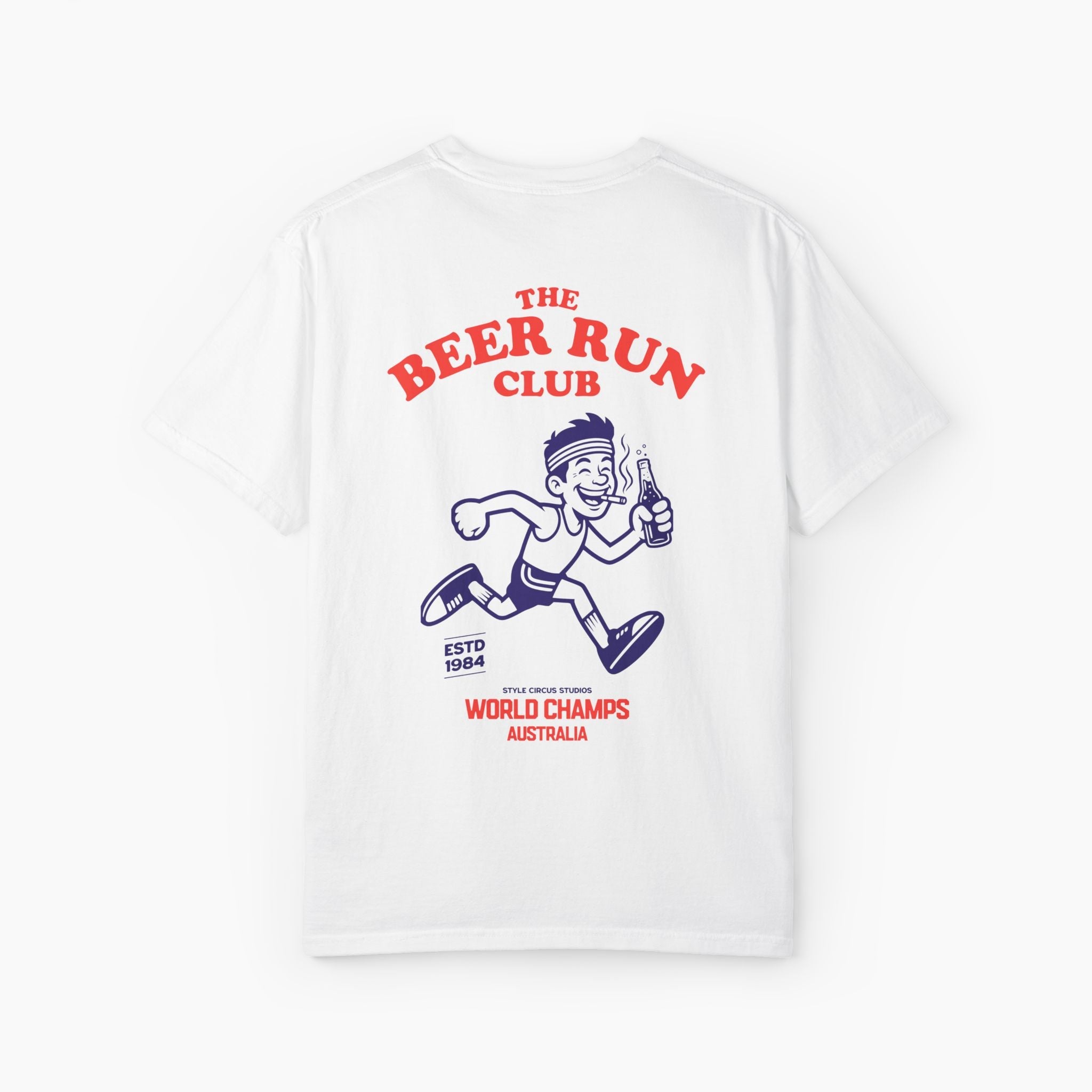 White t-shirt with 'The Beer Run Club' graphic design on a white background