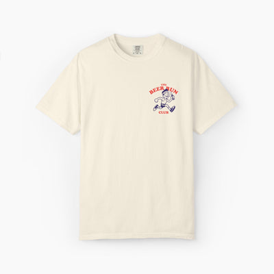 Beige t-shirt with a graphic design on a white background