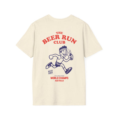 Beige t-shirt with 'The Beer Run Club' graphic design on a white background