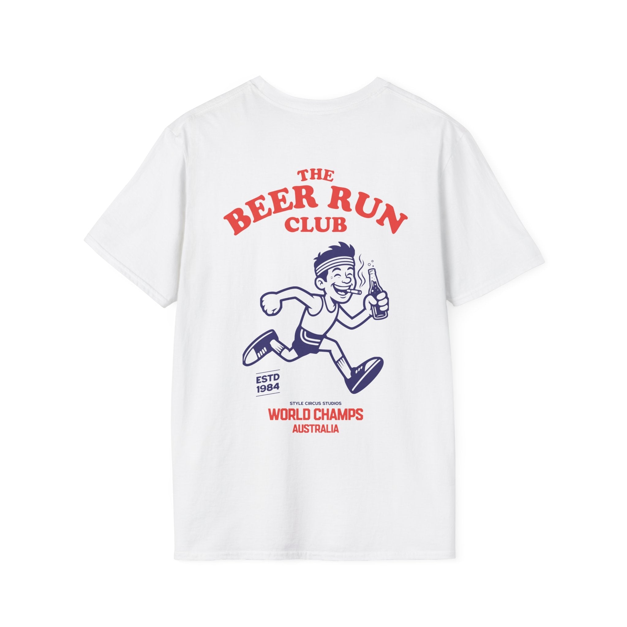 White t-shirt with 'The Beer Run Club' graphic design on a white background