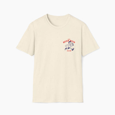 Beige t-shirt with a graphic design on a white background