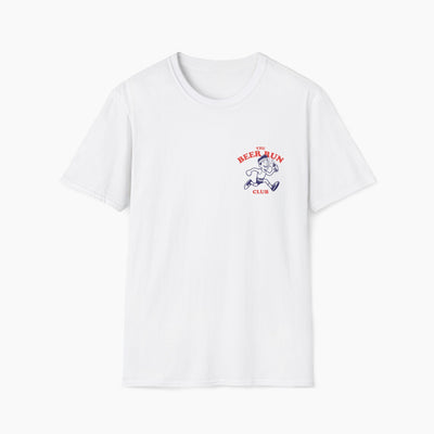 White t-shirt with a graphic design on a white background
