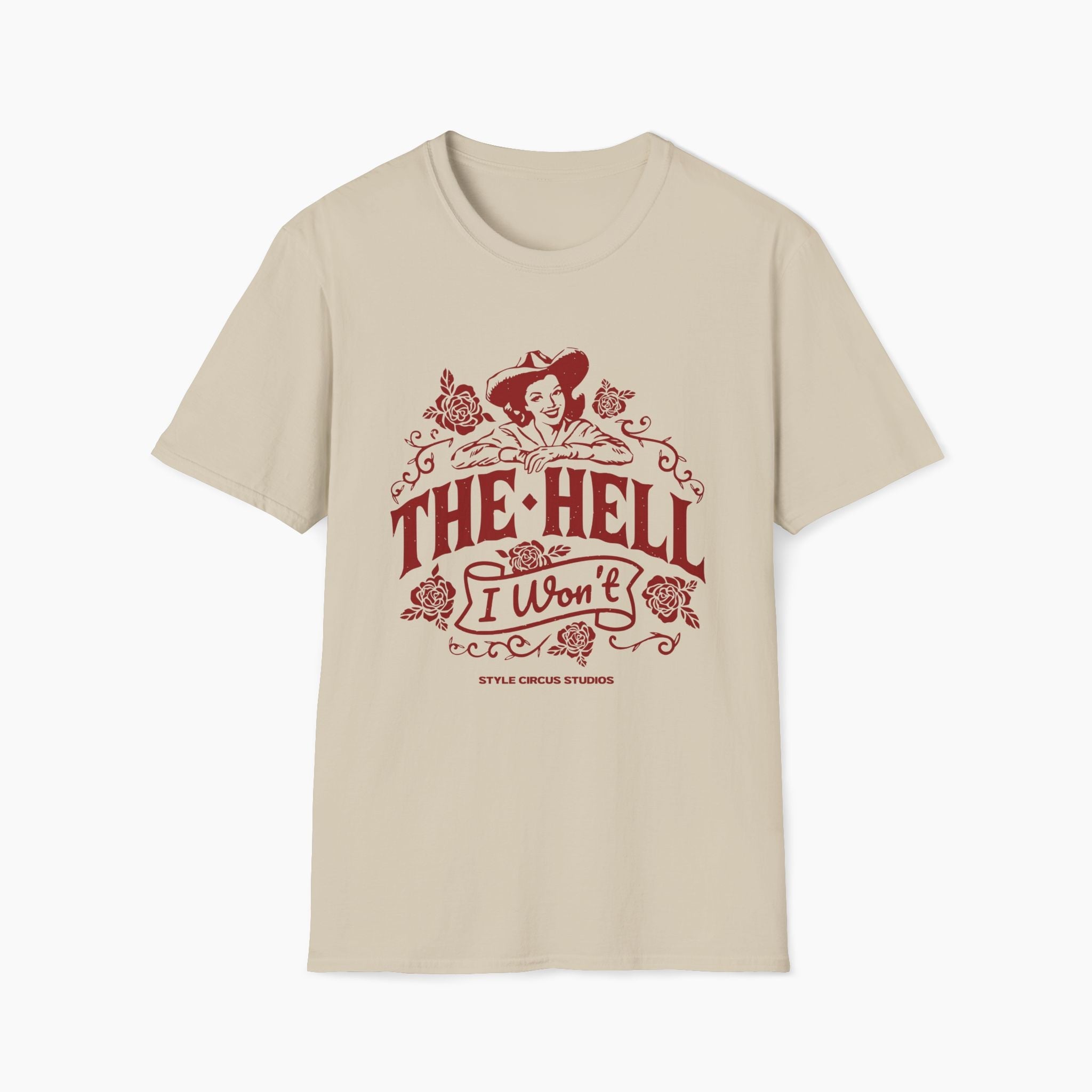Beige t-shirt with red graphic and text on a white background