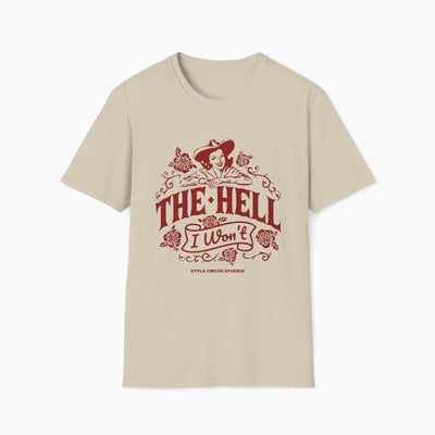 Beige t-shirt with red graphic and text on a white background