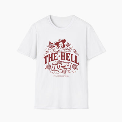 White t-shirt with red graphic design and text on a white background