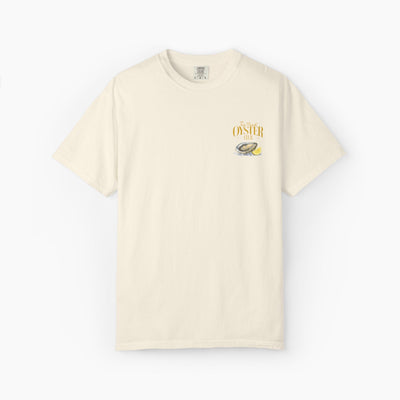 Beige t-shirt with a logo on the chest against a white background