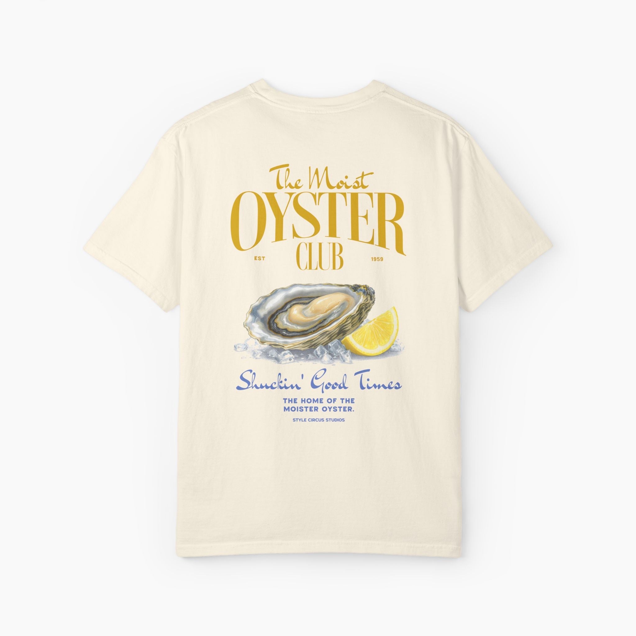 Beige t-shirt with 'Oyster Club' graphic design on a white background
