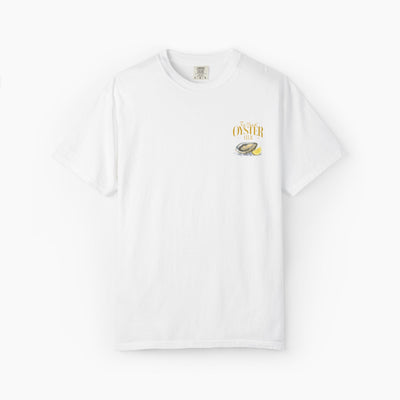 White t-shirt with a small logo on a white background