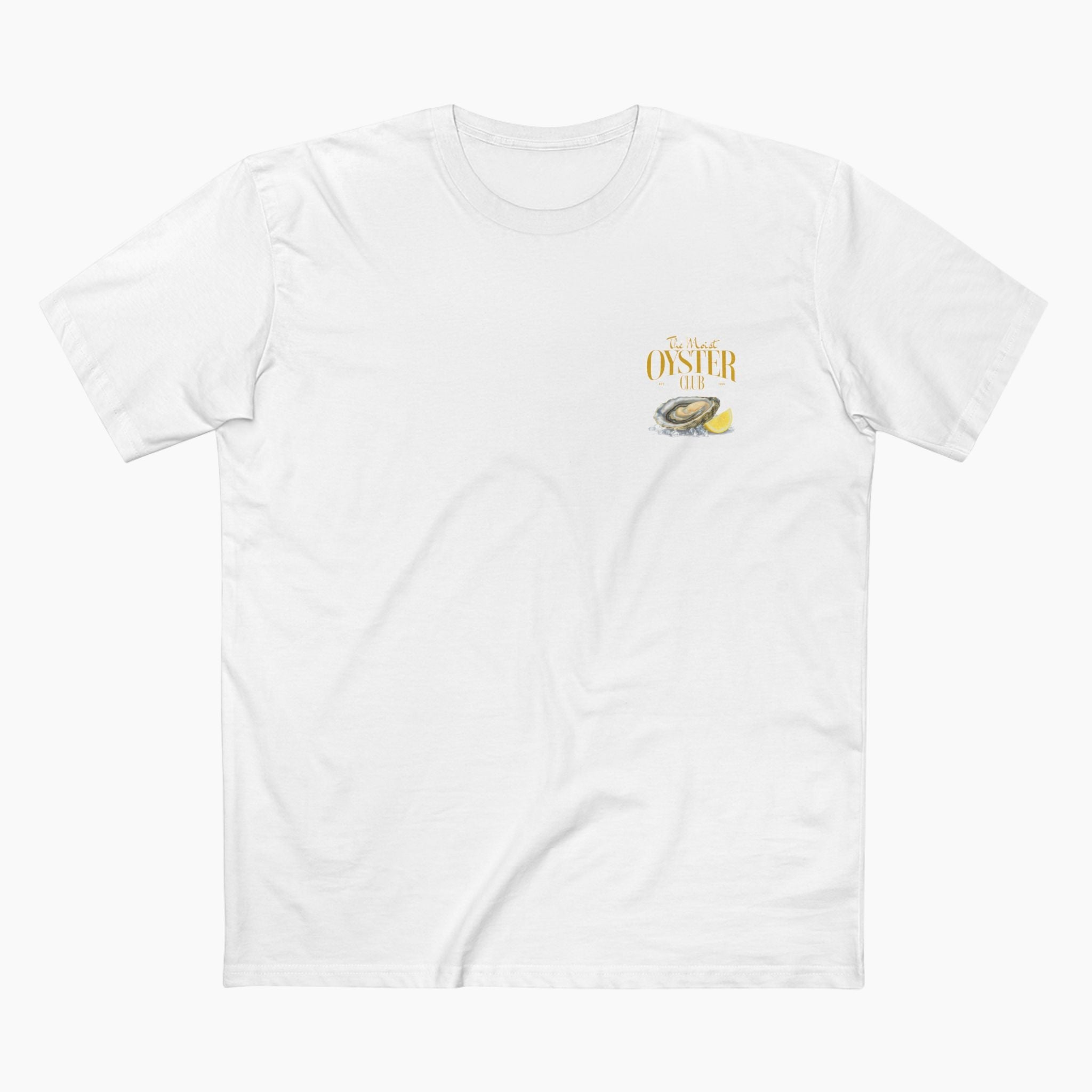 White t-shirt with a small graphic and text on a white background