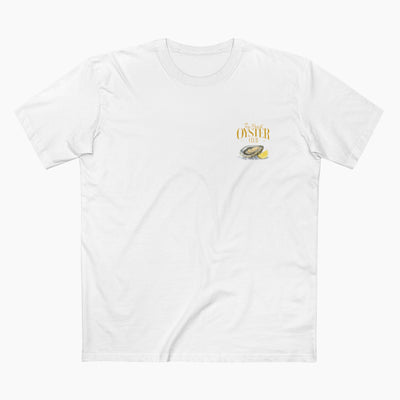 White t-shirt with a small graphic and text on a white background