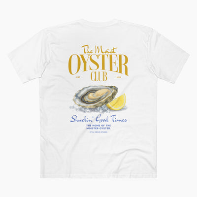 White t-shirt with 'The Moist Oyster Club' graphic design featuring an oyster and lemon.