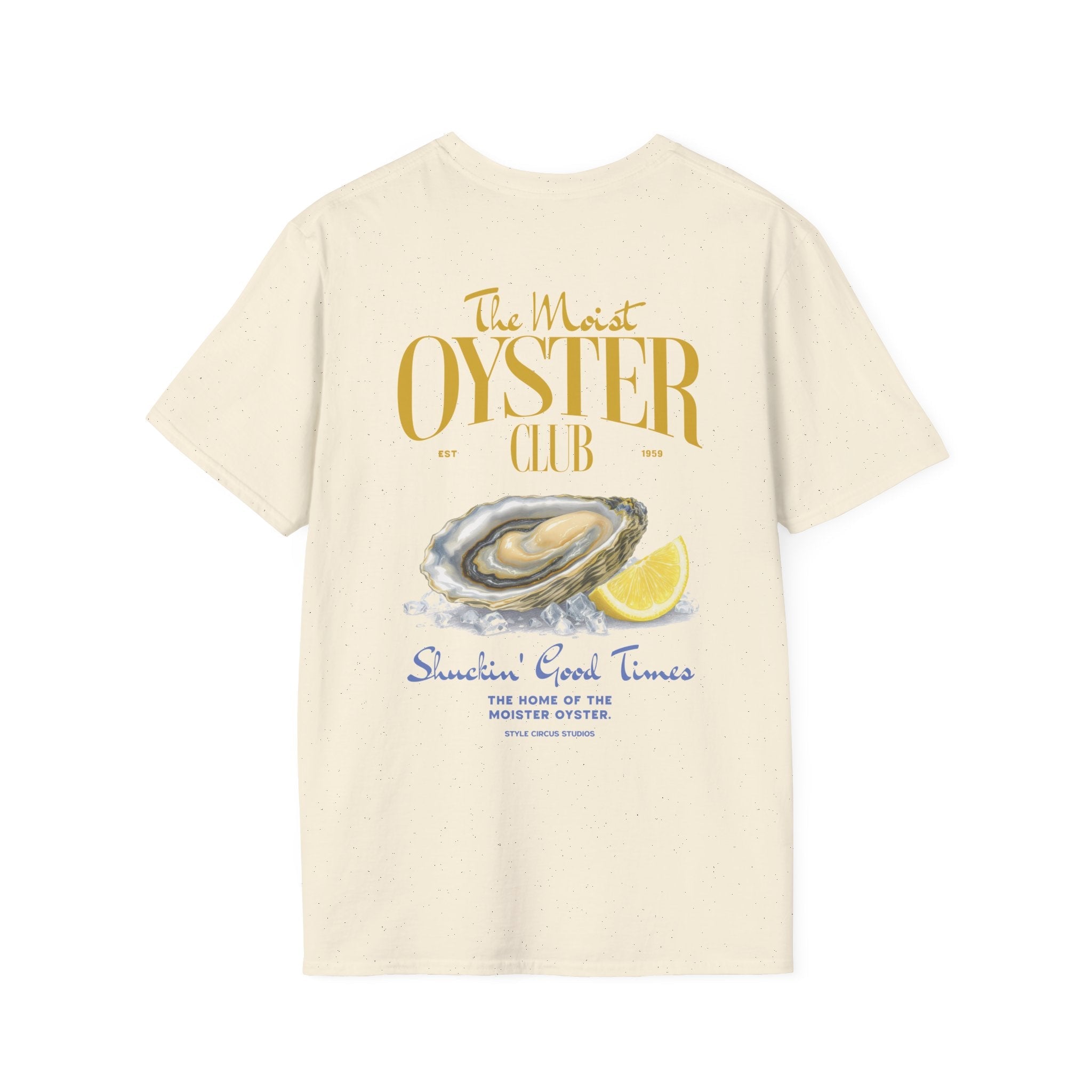 Beige t-shirt with 'The Most Oyster Club' design featuring an oyster and lemon on a white background.