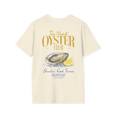 Beige t-shirt with 'The Most Oyster Club' design featuring an oyster and lemon on a white background.