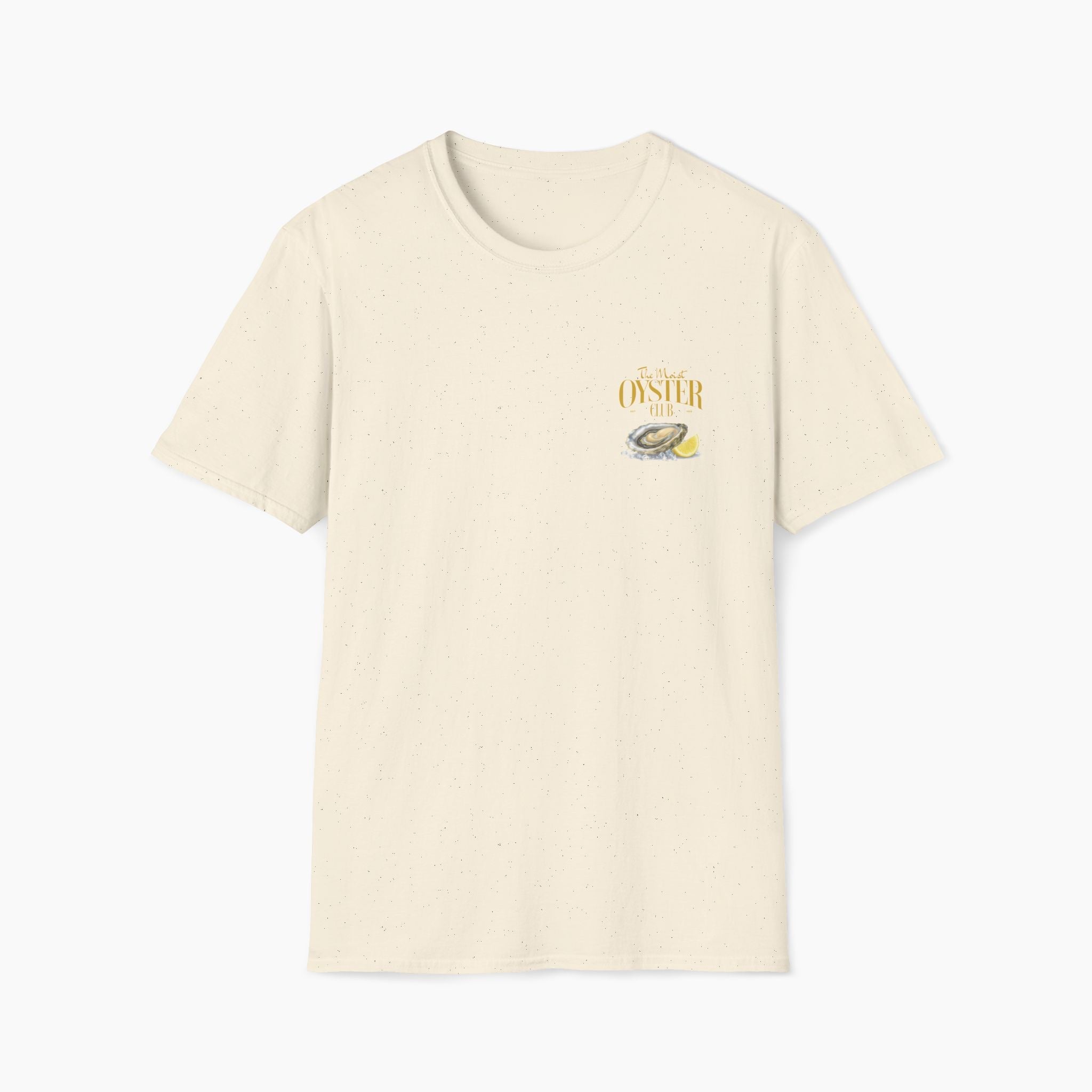 Beige t-shirt with a graphic design on a white background