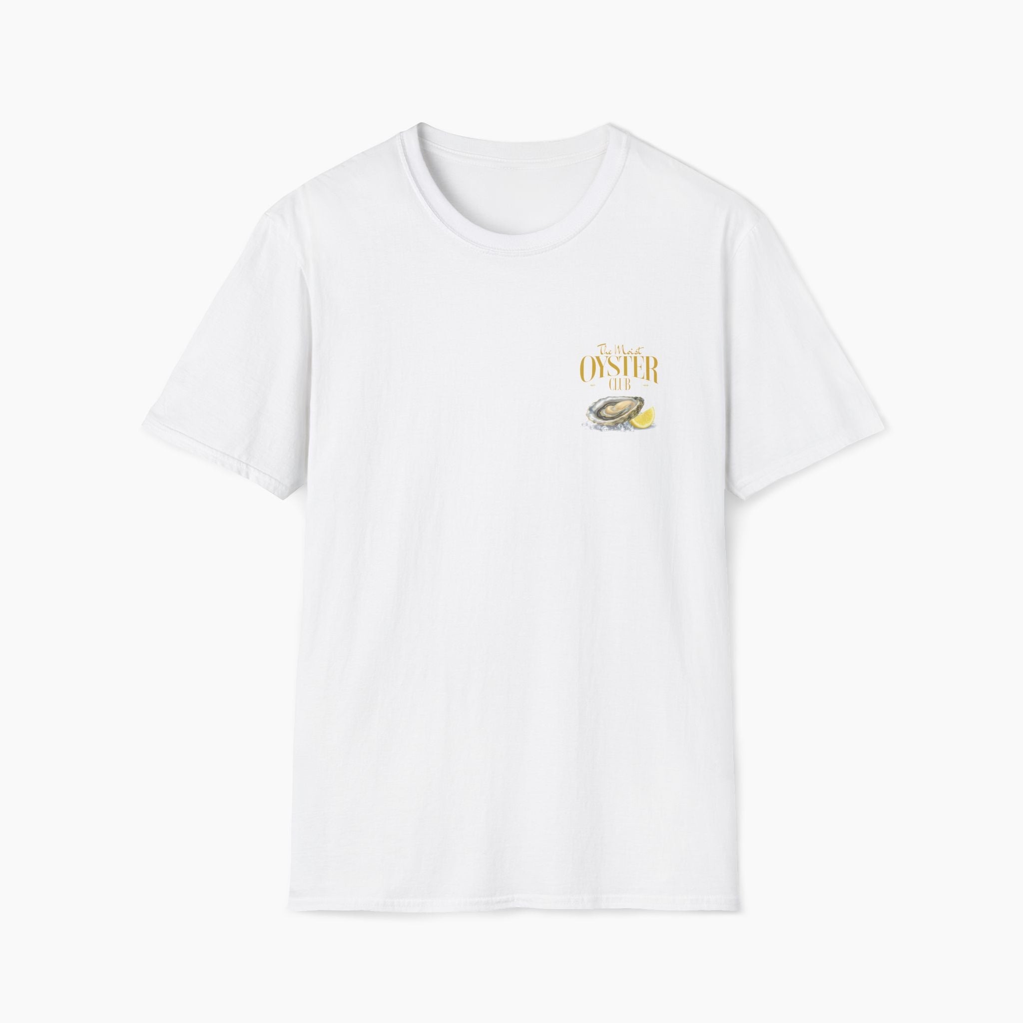 White t-shirt with a small logo on a white background