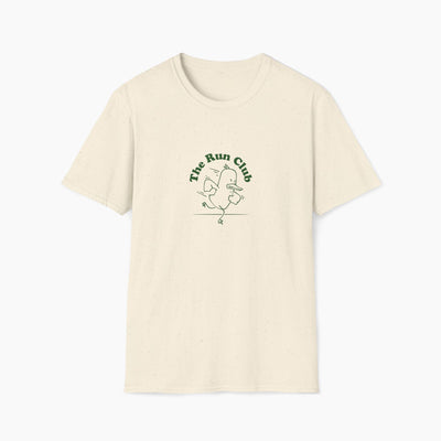 Beige t-shirt with 'The Run Club' logo on a white background