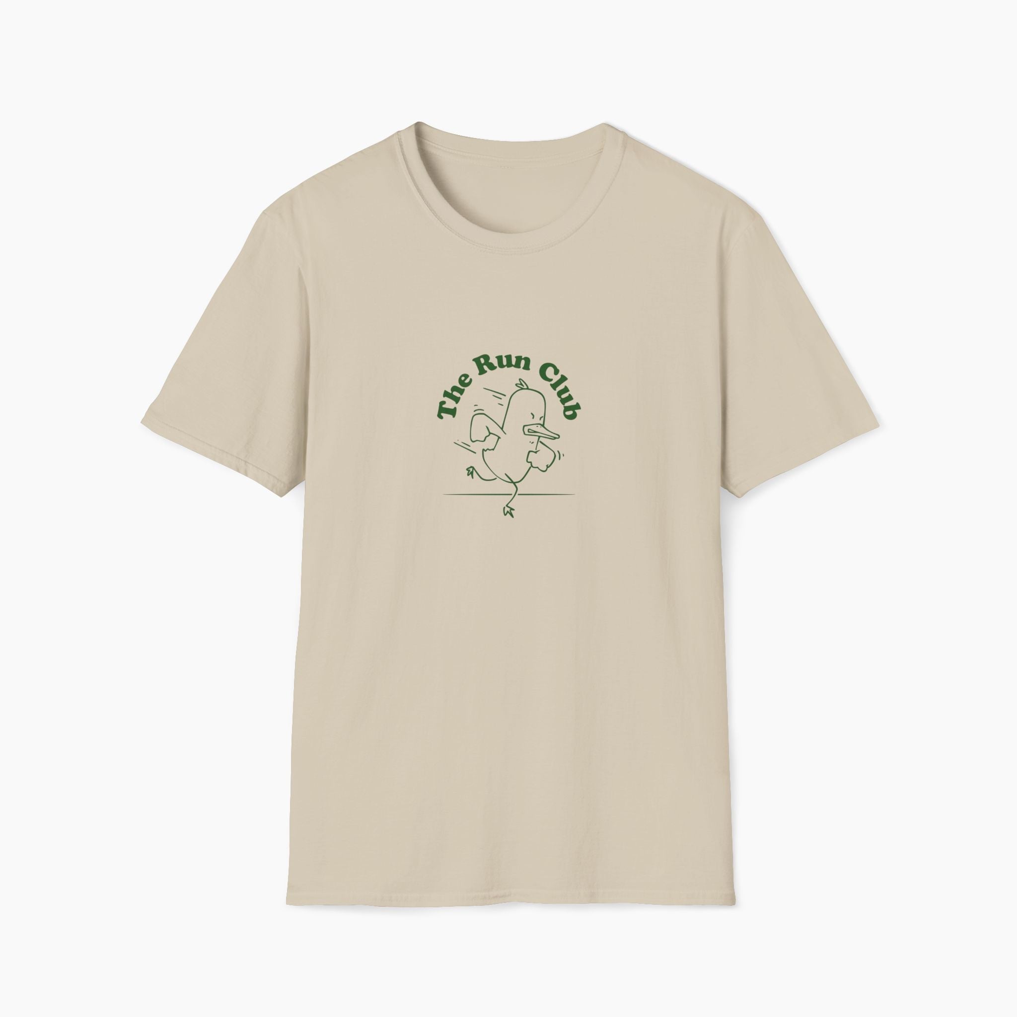 Beige t-shirt with 'The Run Club' logo on a white background