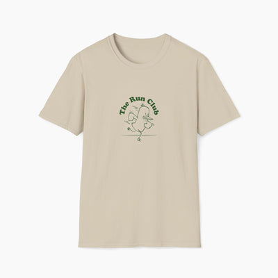 Beige t-shirt with 'The Run Club' logo on a white background