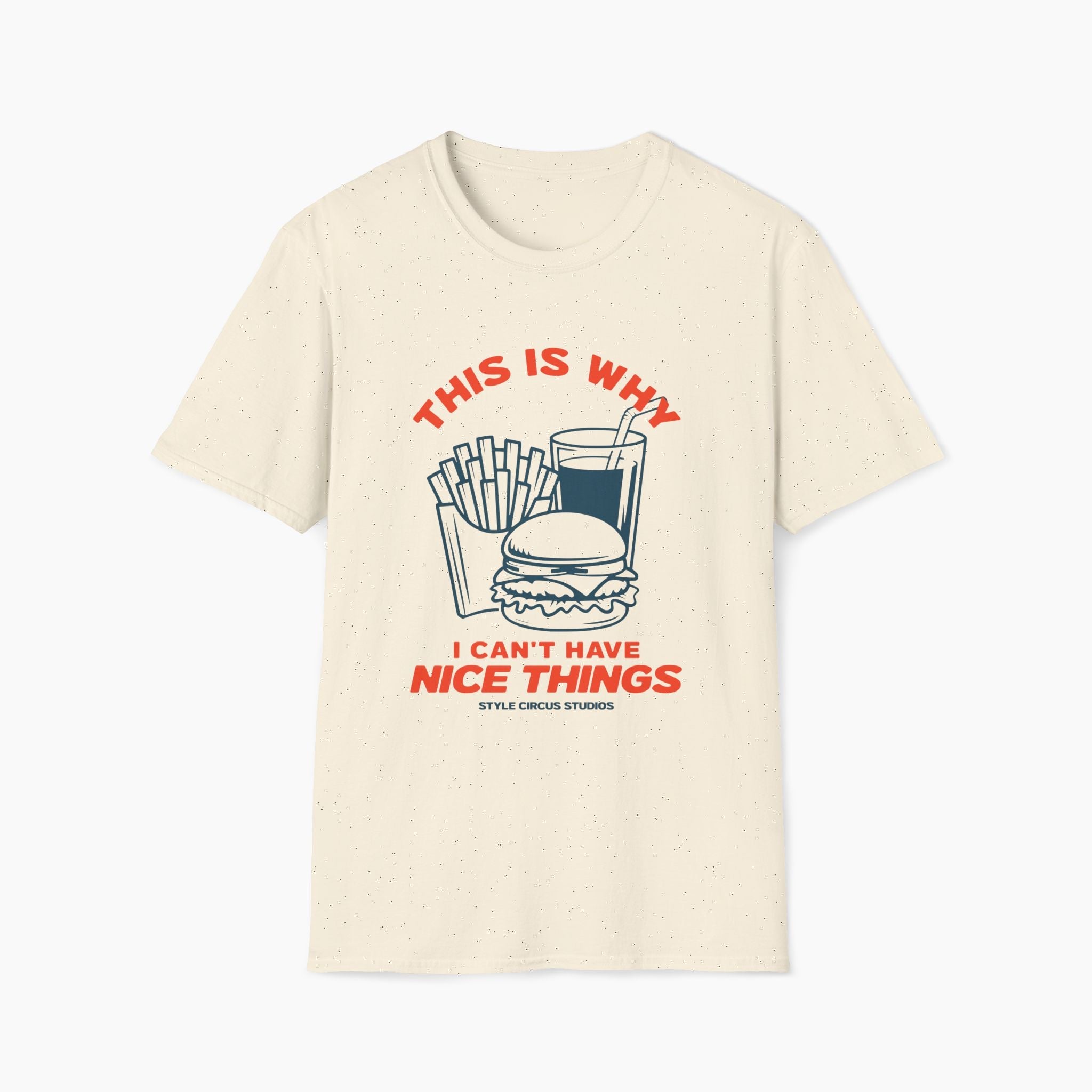 Beige t-shirt with graphic of burger, fries, and drink with text on a white background