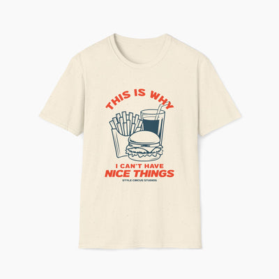 Beige t-shirt with graphic of burger, fries, and drink with text on a white background