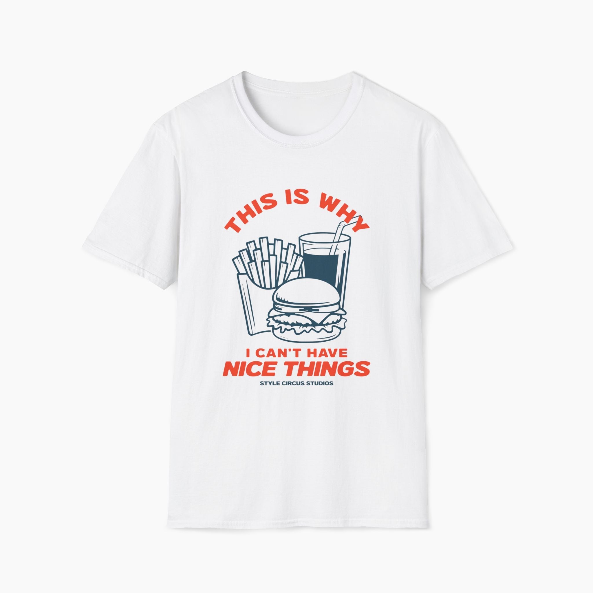 White t-shirt with graphic design of a burger, fries, and drink with text on a white background