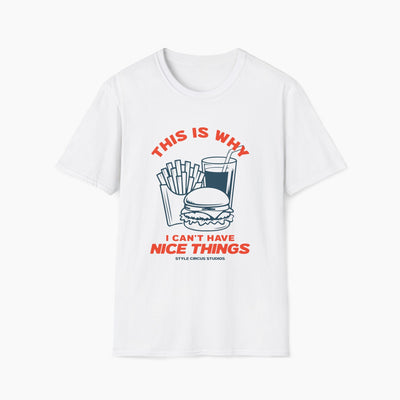 White t-shirt with graphic design of a burger, fries, and drink with text on a white background