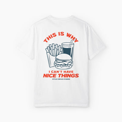 White t-shirt with a graphic design and text on a white background