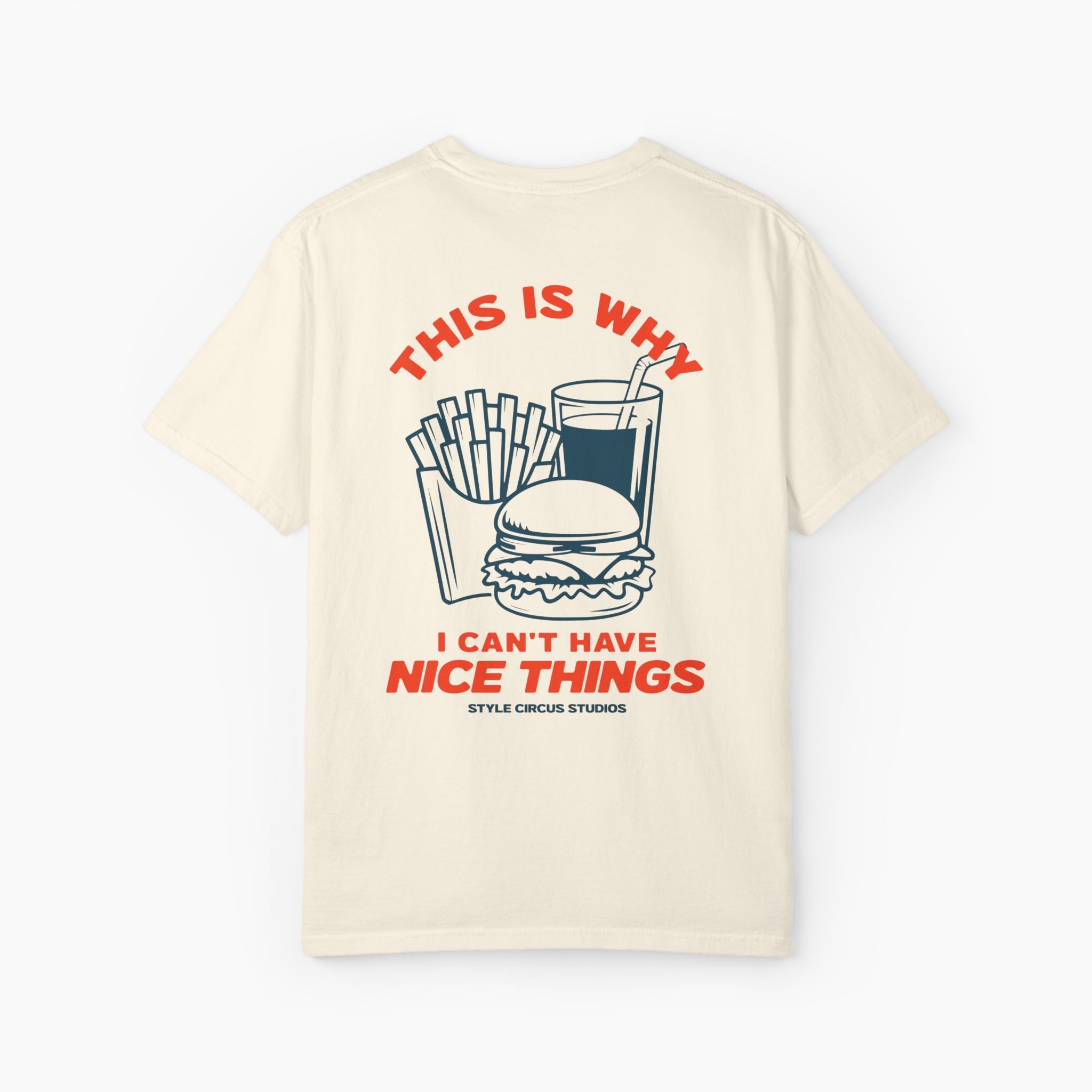 Beige t-shirt with graphic design and text on a white background