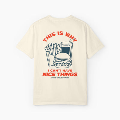 Beige t-shirt with graphic design and text on a white background