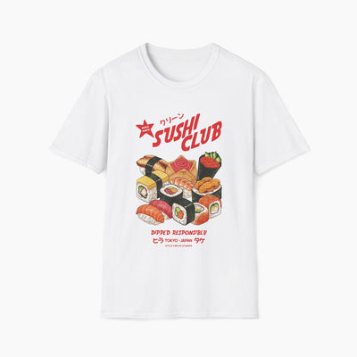 White t-shirt with sushi graphic and 'Sushi Club' text on a white background