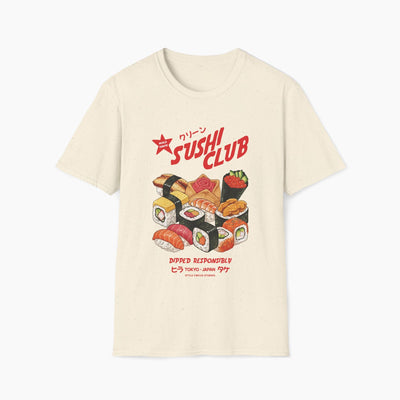 Beige t-shirt with sushi design and 'Sushi Club' text on a white background